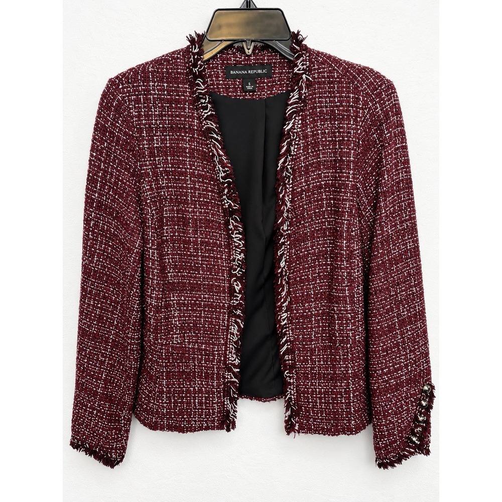 White House Black Market Size 4 Burgundy Tweed Blazer Jacket Fringe Metallic